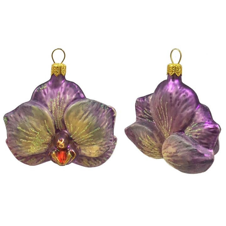 Ensemble de 2 ornements de Noël en verre polonais fleur d'orchidée violette pour la vente par Pinnacle Peak Trading