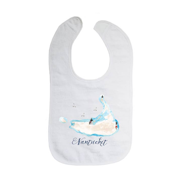 nantucket map with three lighthouses bib for wholesale by Tina Labadini Designs