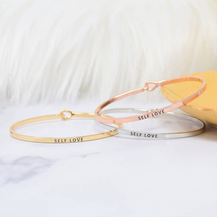 SELF LOVE | Dainty Inspired Message Engraved Simple Bangle for wholesale by Curated Trinkets