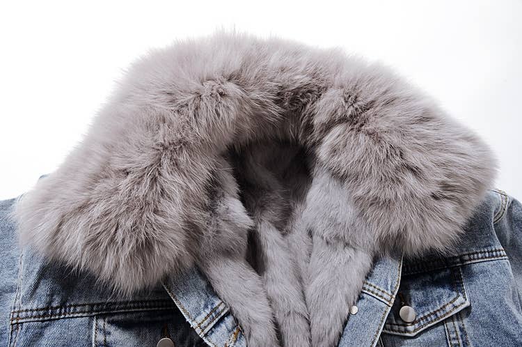 Blå JK123Y Denimjacka med avtagbart foder och krage i päls för wholesale på Faire4