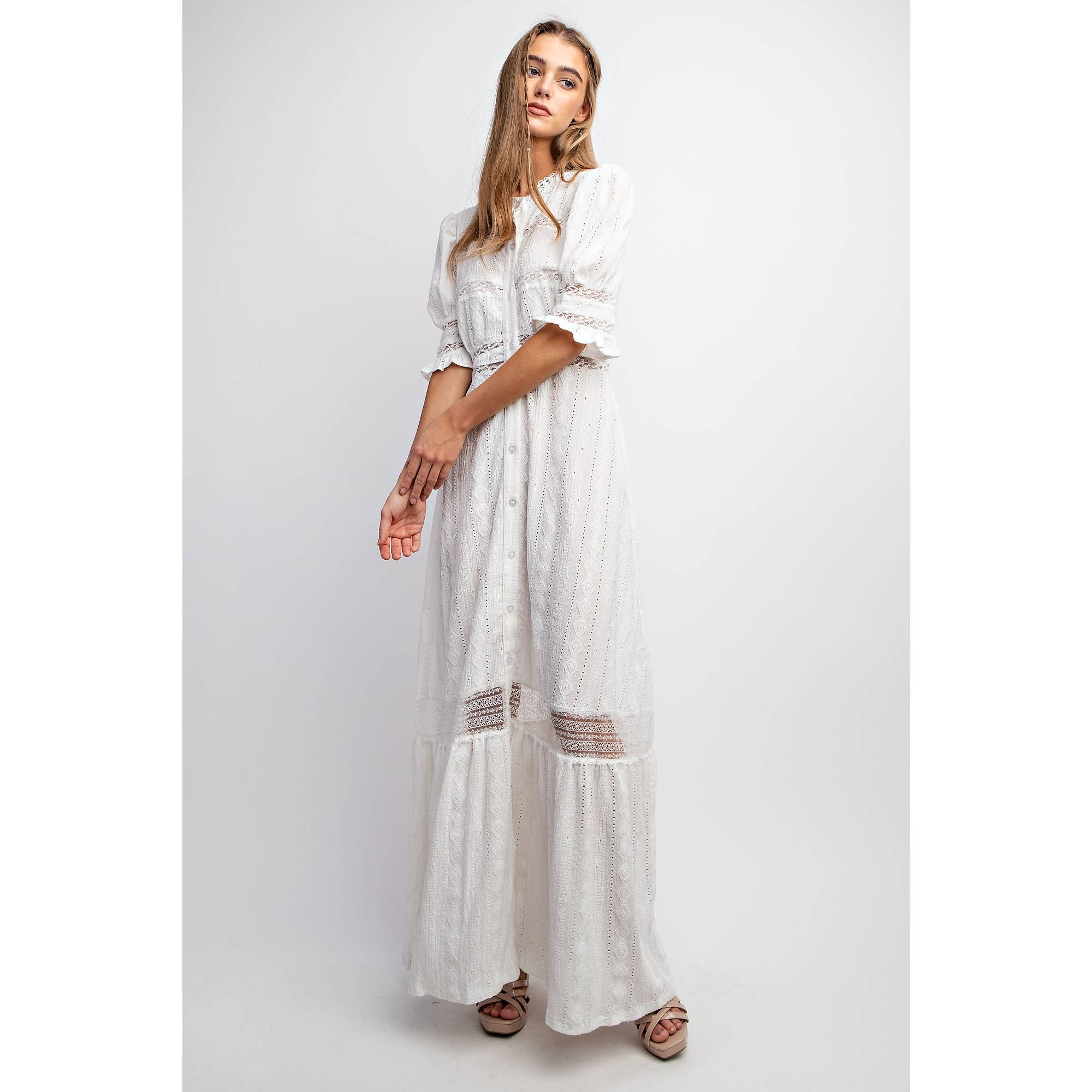 Sweet Generis - Wholesale Dress - Women's - CHIC WOVEN MAXI BUTTON DOWN SHIRT DRESS WITH TRIM LACE DETAI11