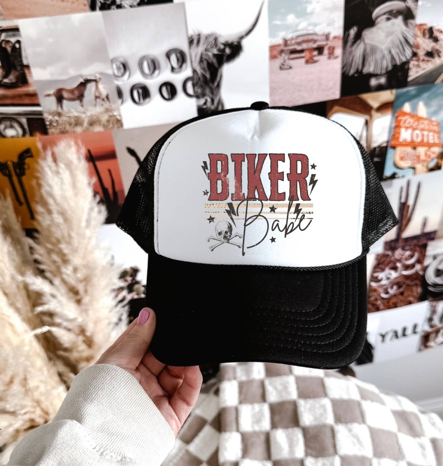 Black and White Biker Babe Trucker Hat for wholesale on Faire