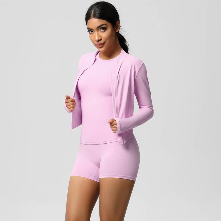 Conjunto de Yoga para Mulheres: Camisola de Manga Curta com Gola Redonda + Casaco com Fecho + Leggings por atacado de Sodalemon