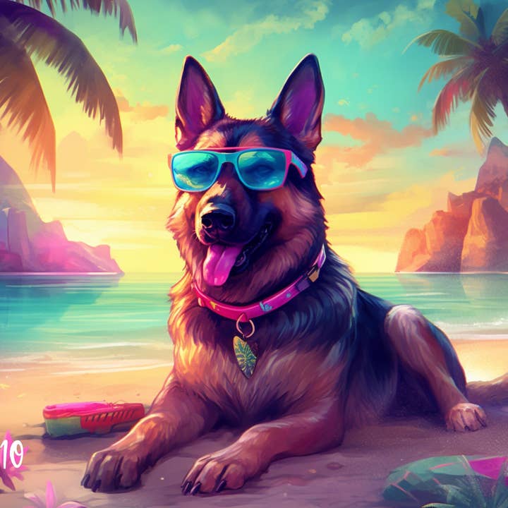 SoCal Creative – Engroshandel Thermokop – 90's German Shepard Dog at the Beach, Rainbow Farverig 20oz tynd rustfrit stål tumbler, GSD-isoleret rejsekrus til sommer4