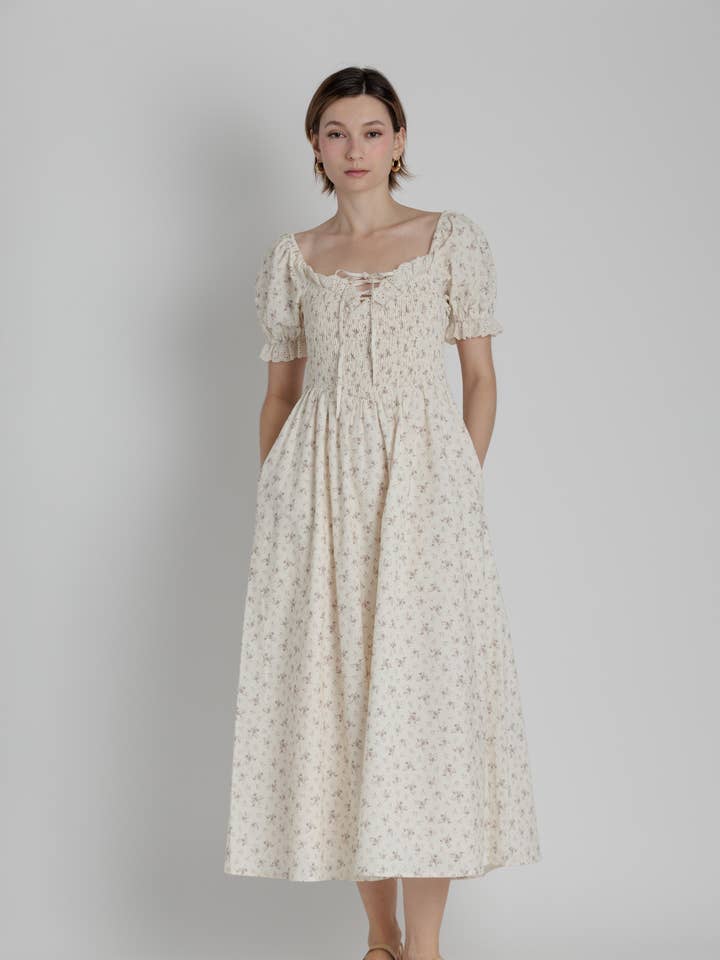 AD2250 - EYELET TRIM FLORAL MIDI DRESS for wholesale by Aureum