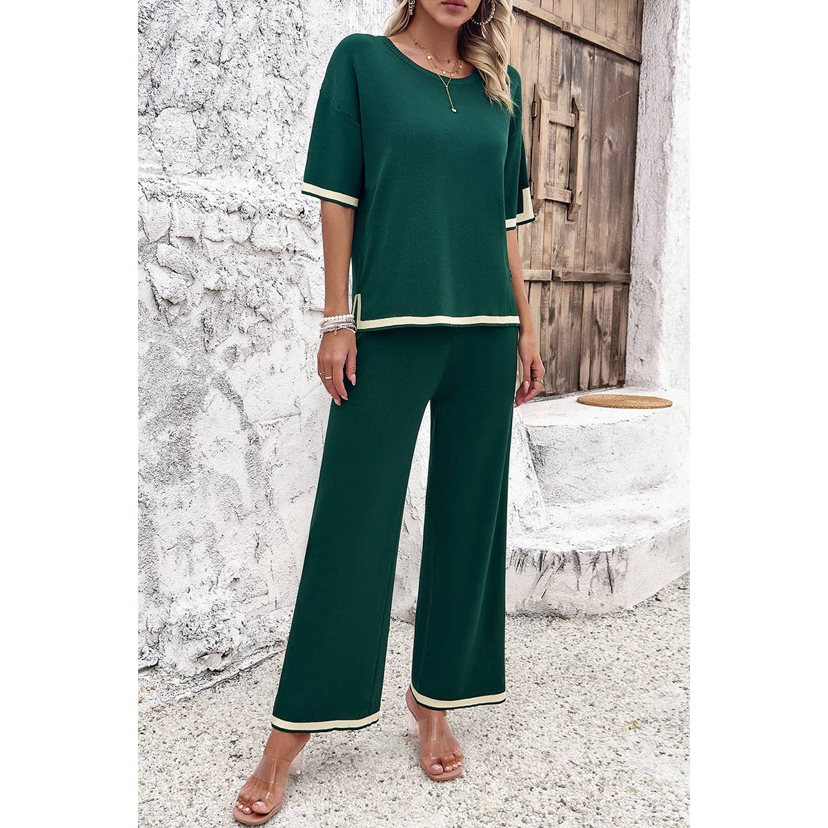Supreme Fashion - Wholesale Top & Pant Set (NOT Loungewear) - Women's - Two Pieces Outfits Knit Short Sleeve Wide Leg Lounge Sets24