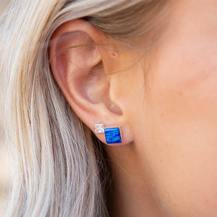 Square Opal Studs, Dark Blue for wholesale by Corazón Sterling