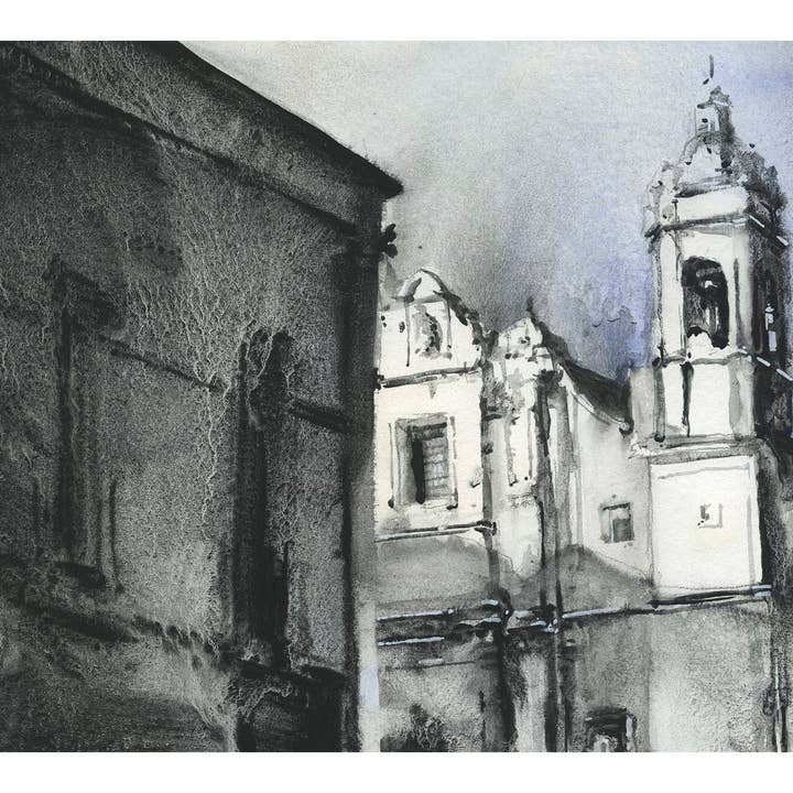 Spansk kyrka i byn i Colca Canyon, Peru. Monokromatiskt konstverk kyrka målning akvarell konstverk Peru. B&W akvarellmålning för wholesale av Ryan Fox Fine Art