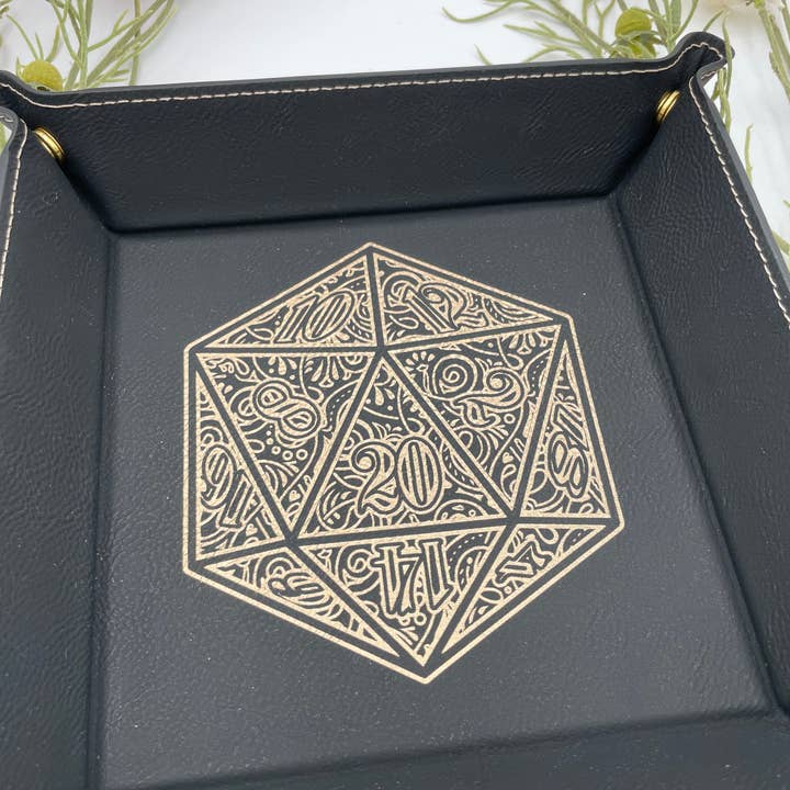 EBONWOOD - Wholesale Dice - Gilded D20 Dice Tray - Vegan Leather DnD Dice Rolling Tray4