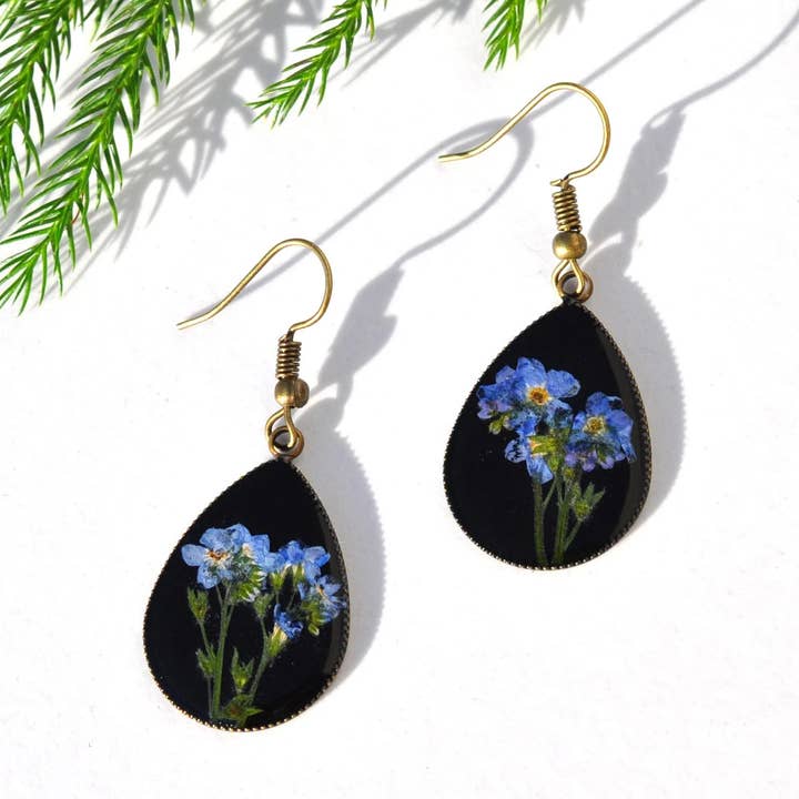 Pressed Forget Me Not Teardrop Earrings for wholesale by My Beverly Jewelry