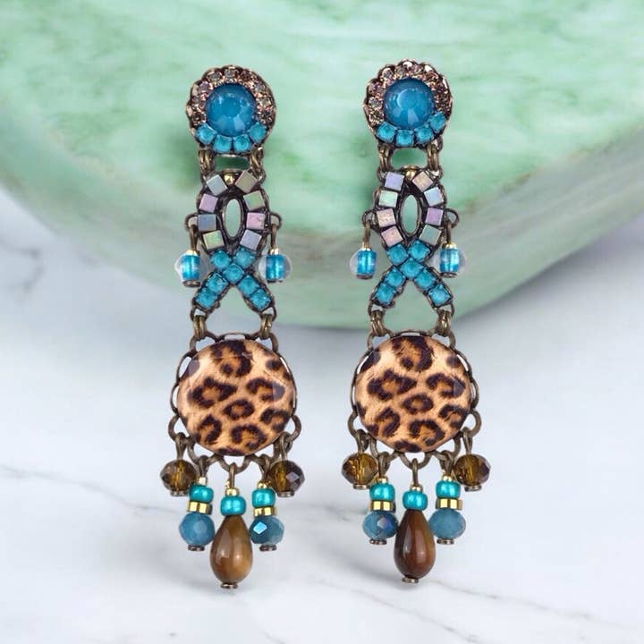 Earrings made with Turquoise Panther crystals for wholesale by melizijewelry