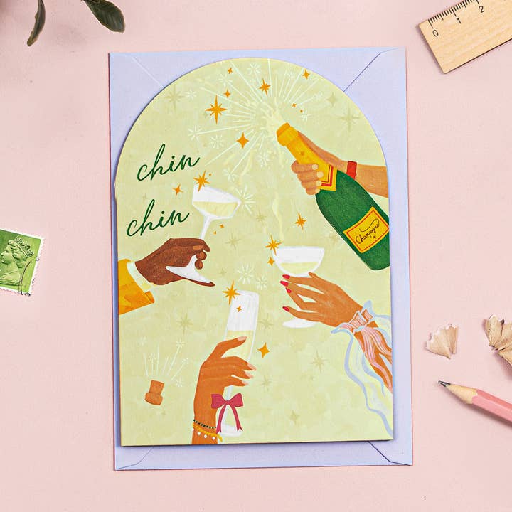 Tillykke Kort | Chin Chin Champagne Skål Hilsen Kort for engroshandel hos Vero Illustrates Art Prints and Greeting Cards