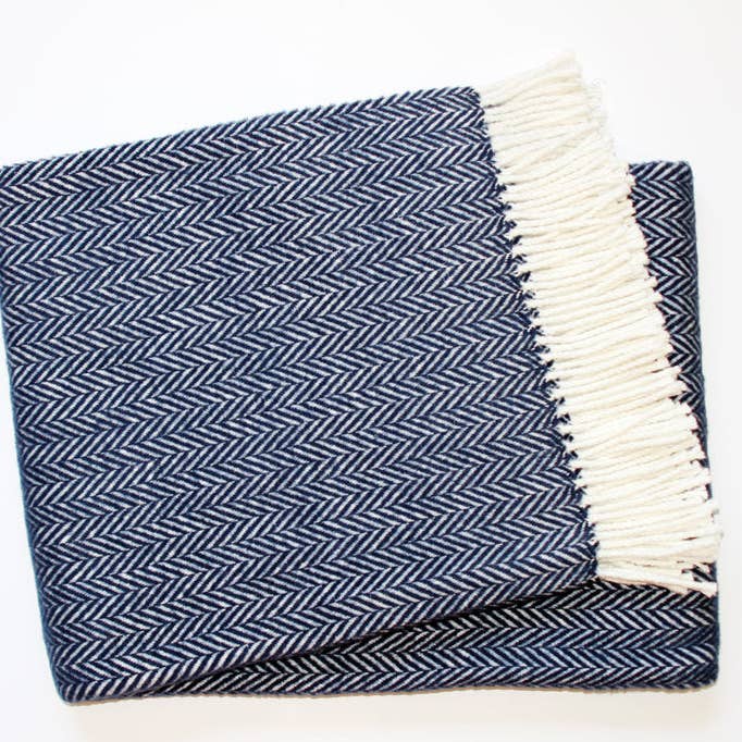 70"X55" Navy Blue And White Cotton Blend Woven Throw Blanket for wholesale by HomeRoots