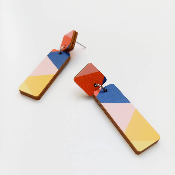 Treat Multicolour Wooden Dangle Earrings Orange/Blue for wholesale by Unique Ella