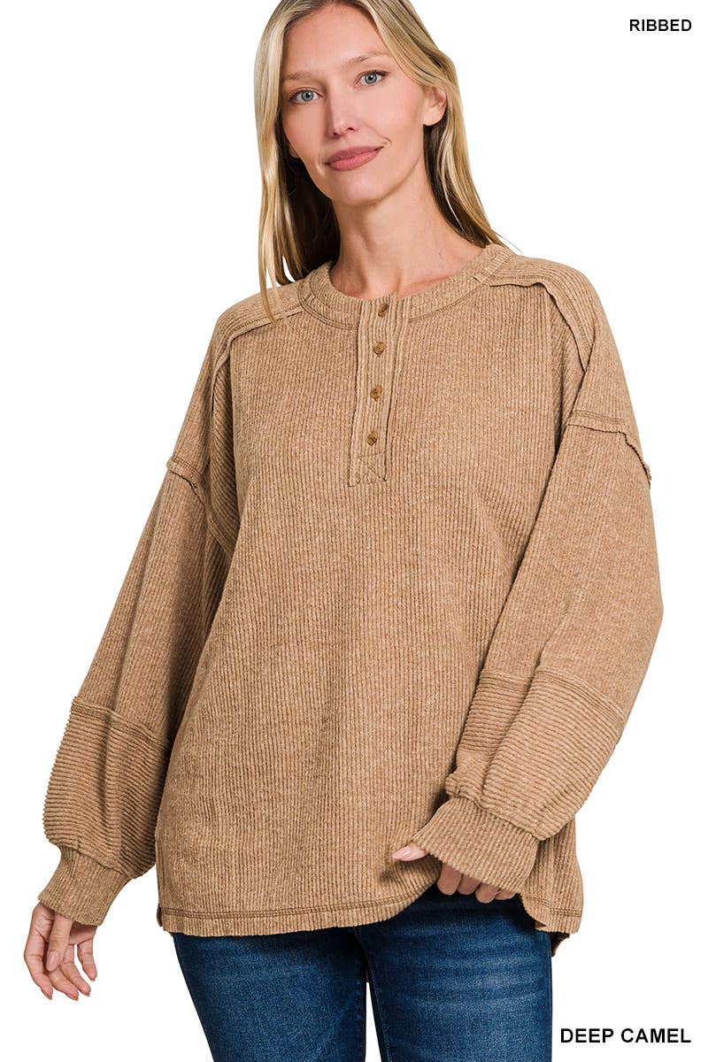 Vanilla Monkey - Wholesale Knit Sweater - Women's - Ribbed Brushed Hacci Melange Henley Sweater2