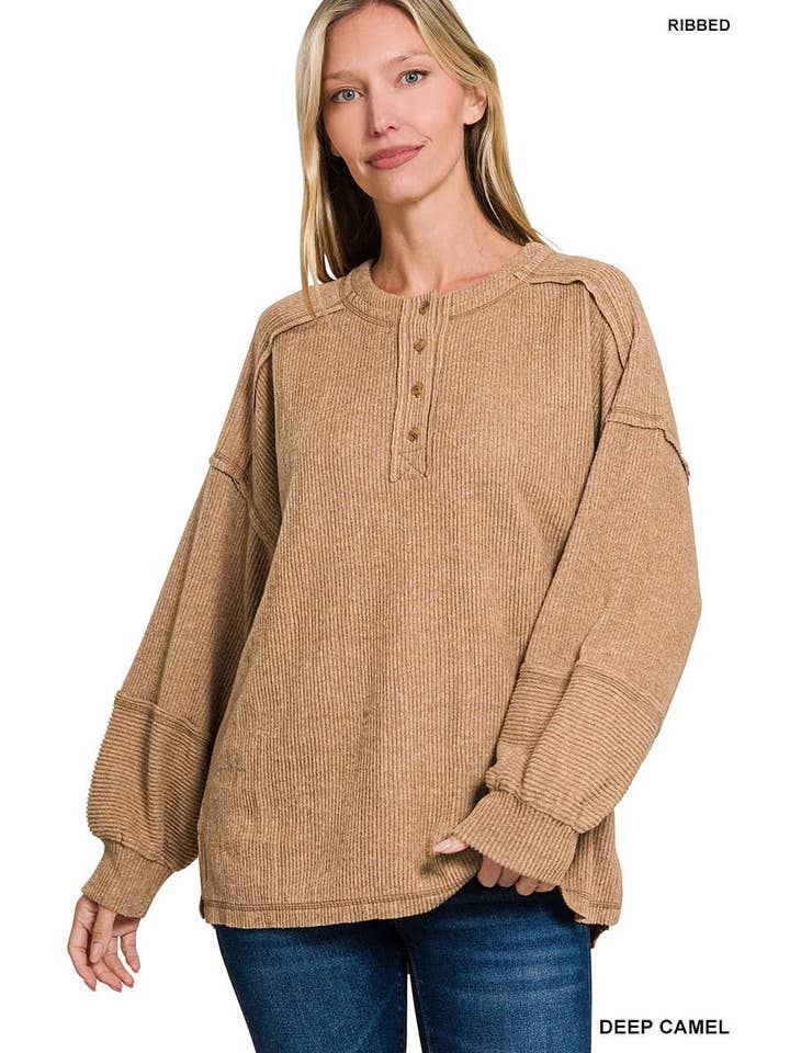 Vanilla Monkey - Wholesale Knit Sweater - Women's - Ribbed Brushed Hacci Melange Henley Sweater2