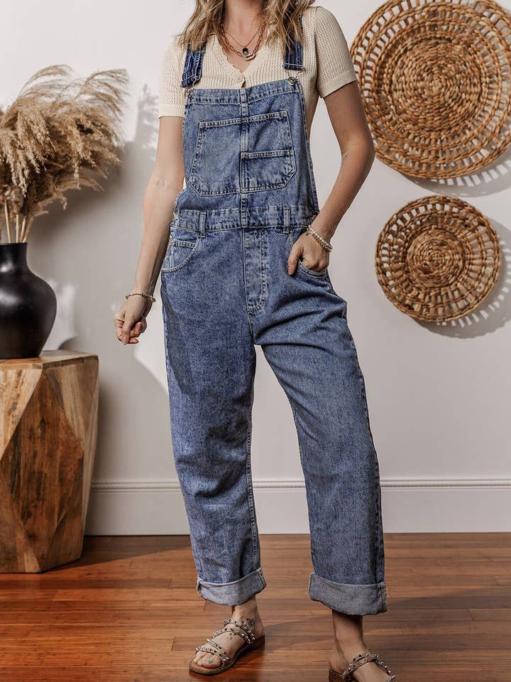 Denim Straight Leg Jumpsuit with Pockets for wholesale by Poppy Lee Lane
