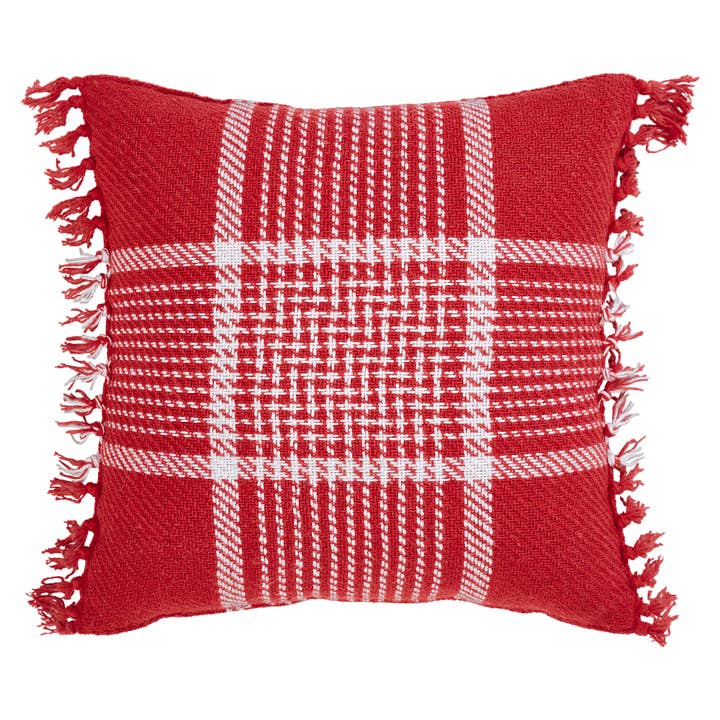 VHC Brands - Wholesale Throw/Decorative Pillow - Eston Red White Plaid Pillow Fringed 12x12