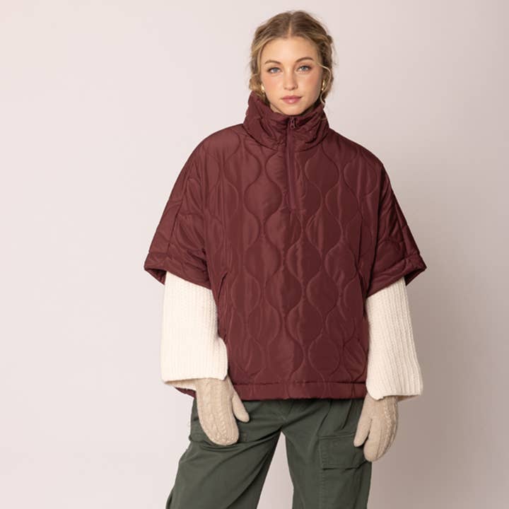 Fashion City – wholesale Poncho – Women's – Stand Up Collar Quilted Cape Poncho Jacket