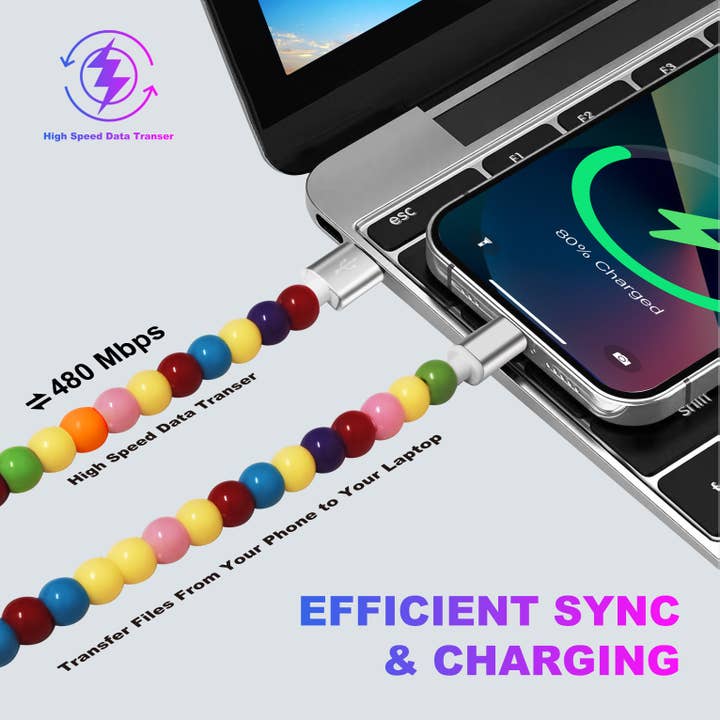 LAX Gadgets - Wholesale Charging Cable - Lax - Beaded USB-A to USB-C Cable 4ft – Gold & Rainbow3