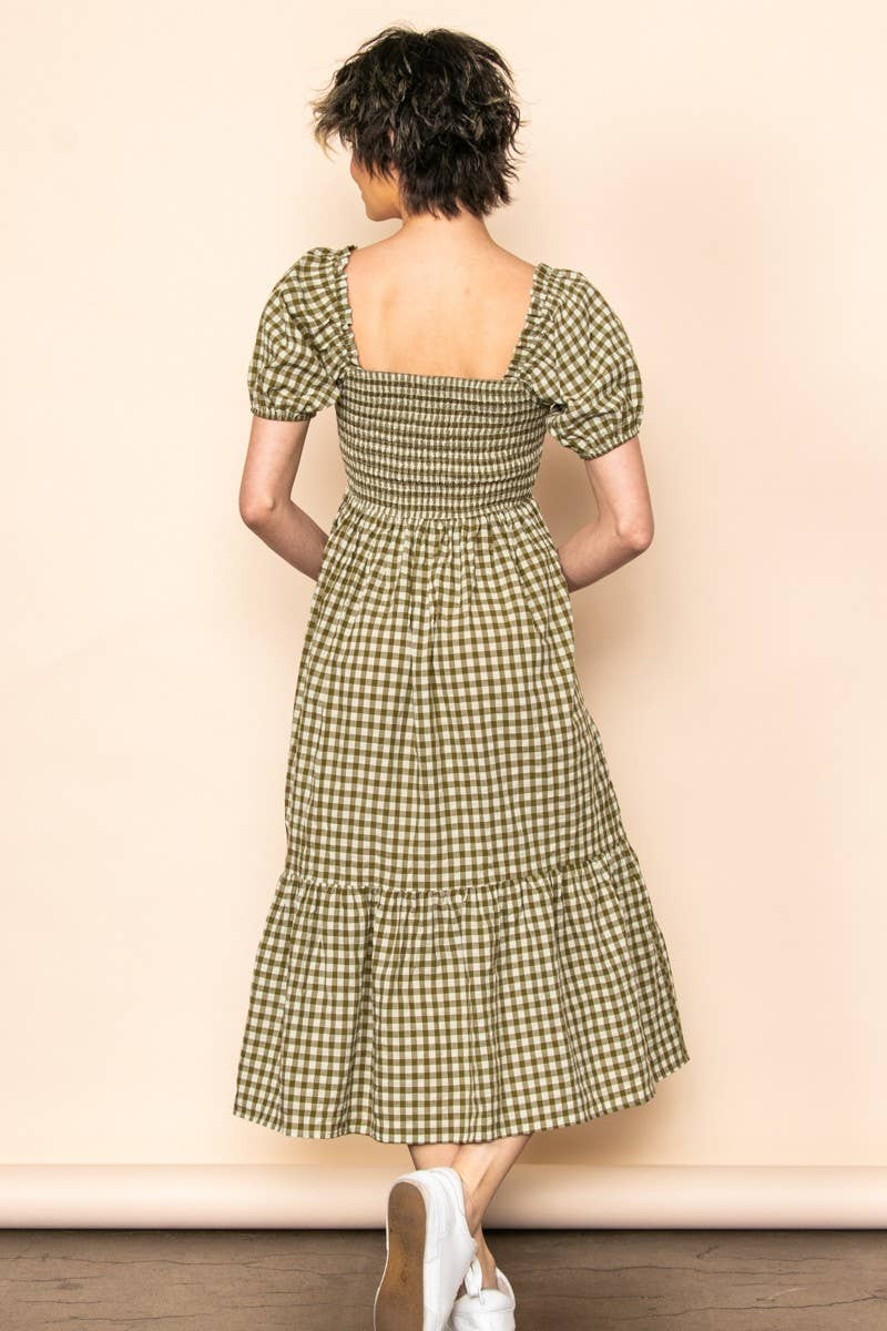 Elloh Collection - Wholesale Dress - Women's - Gingham Puff Sleeves Smocked Chest Midi Dress with Pockets4