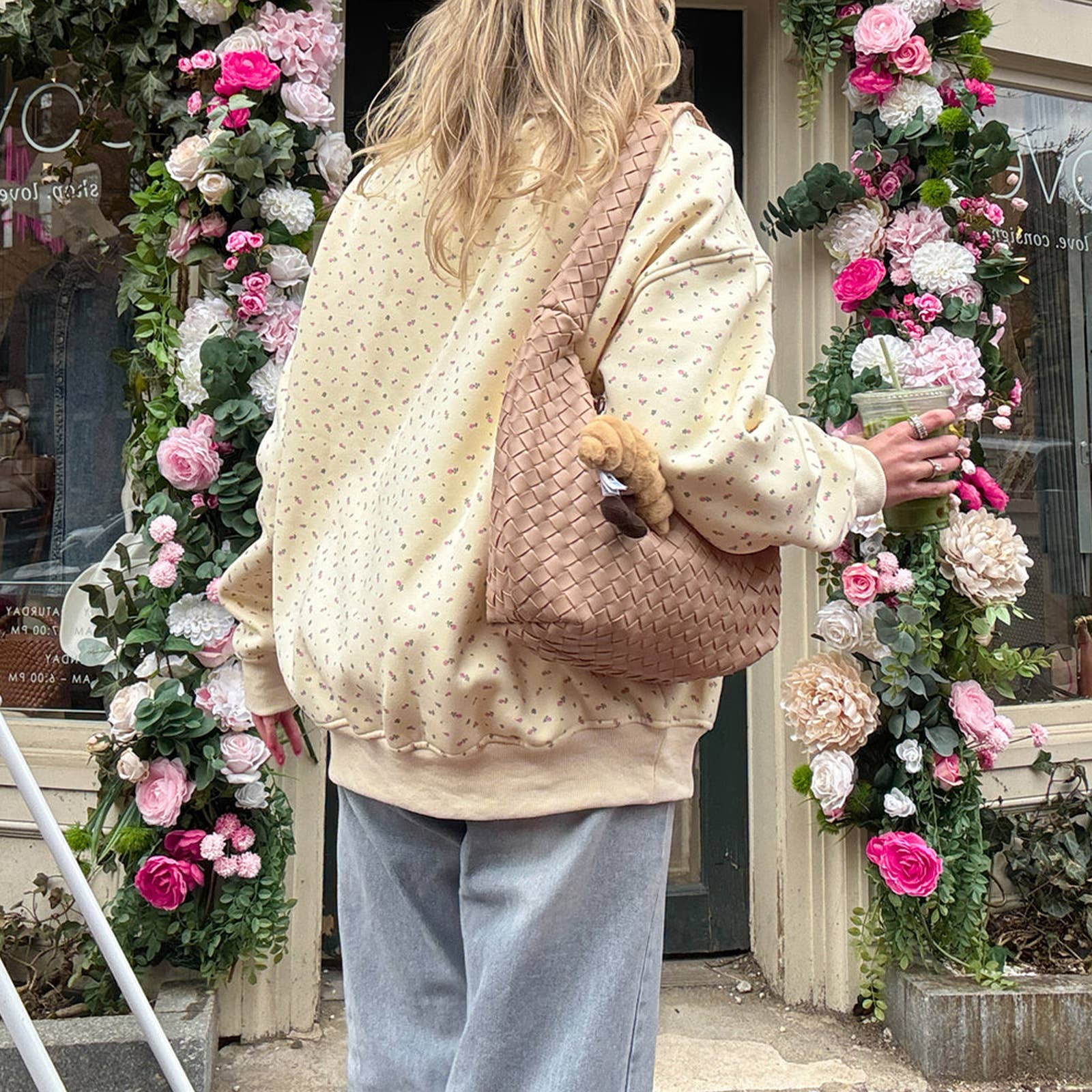 Yellow Vintage Floral print oversize boxy loose sweatshirt crewneck for wholesale on Faire5