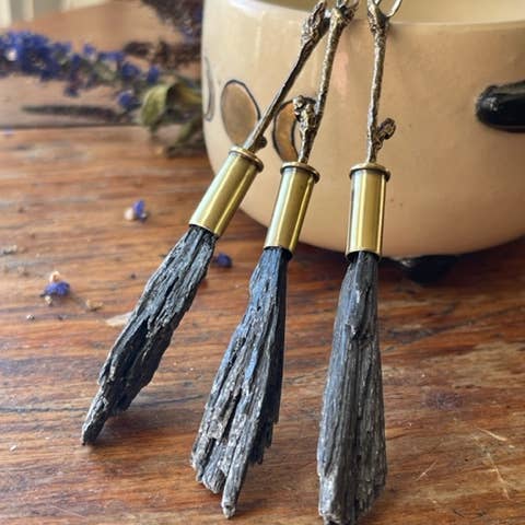 The Dwelling Gem - Wholesale Individual Charm/Pendant - Brass Forest Crystal Witch Broom Protection Talisman Pendant