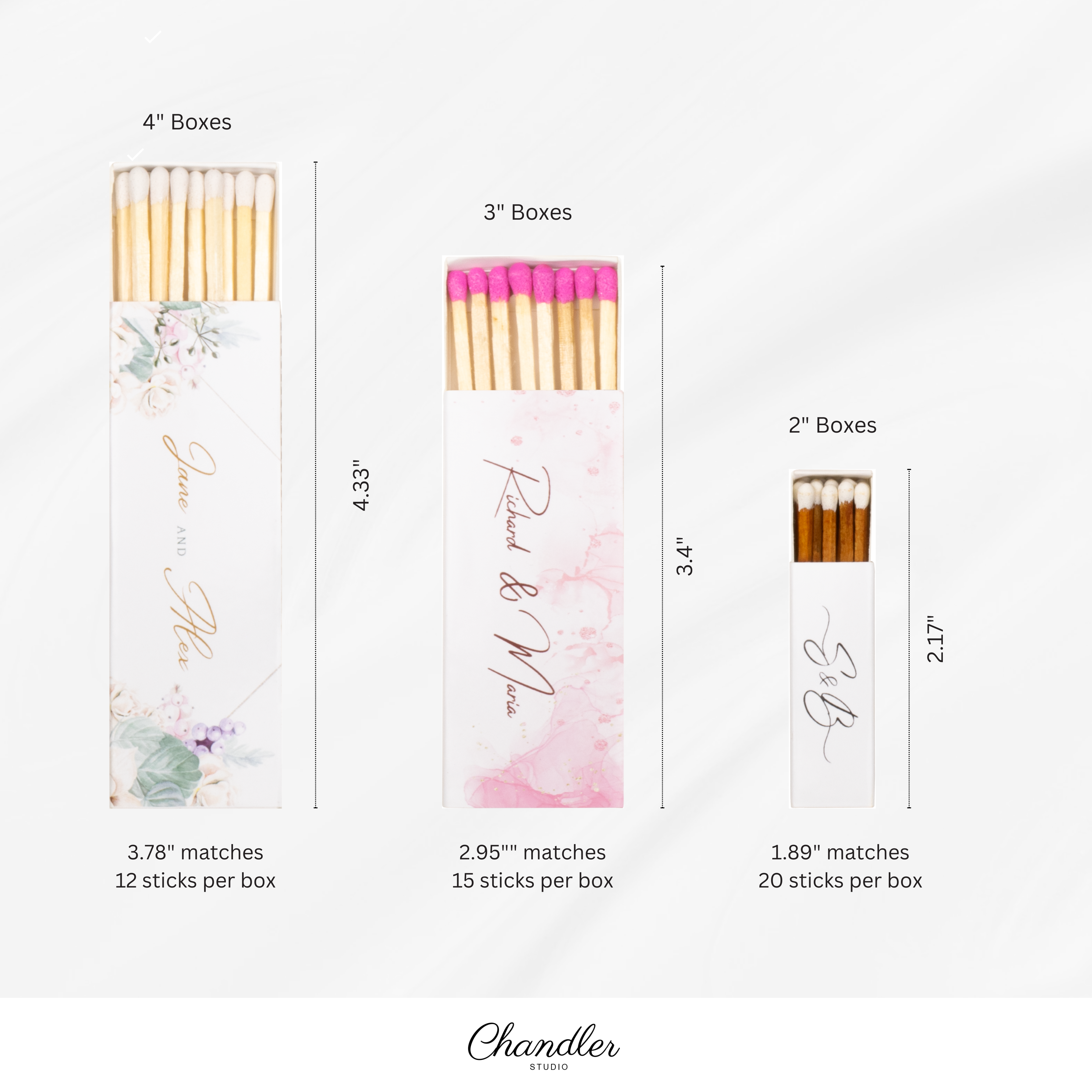 Chandler Studio – Fósforos por atacado – Caixinhas de fósforos personalizadas de 5 cm coloridos para casamento3