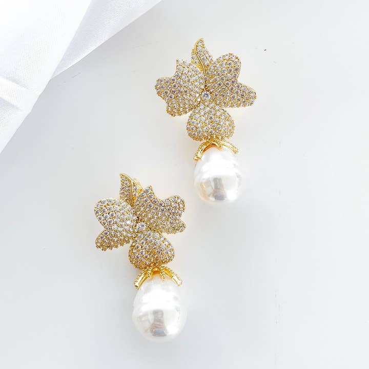 Deluxe Baroque Pearl and Gold Crystal Flower Earrings for wholesale by Nicholls Jewellery