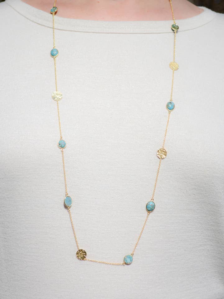 Turquoise necklace with hammered discs for wholesale by AJS Design Studio