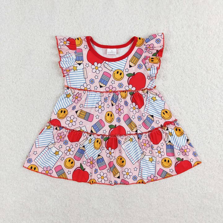 Aier Wholesale - Wholesale T-Shirt - Kids - Baby Girls Back To School Apples Flowers Flutter Sleeve Tunic Tops