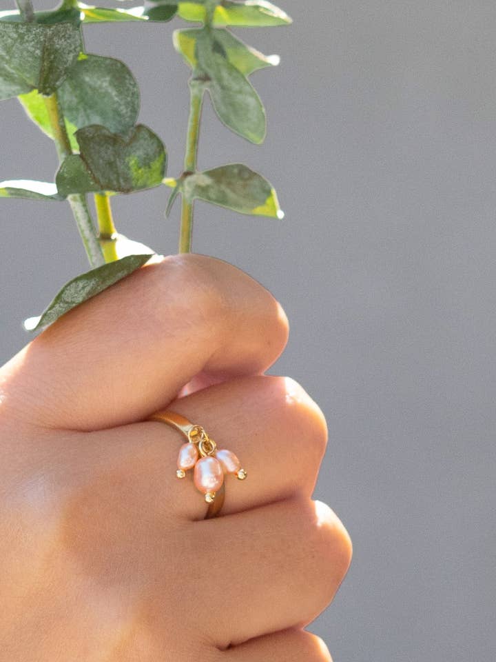 Emily Charm Ring - 18K Gold Plated + Fresh Water Pink Pearl for wholesale by Peter and June
