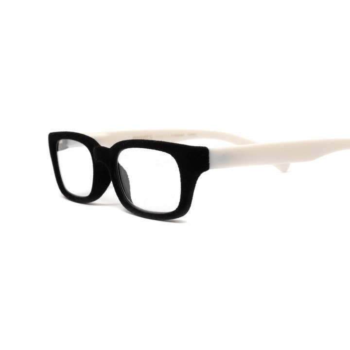 Sydney Black Velvet Reading Glasses, Matte White Temples for wholesale by eyejets
