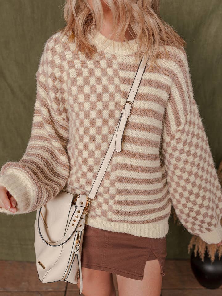 Khaki Stripe Sofia Shoulder Balloon Sleeve Sweater for wholesale on Faire2