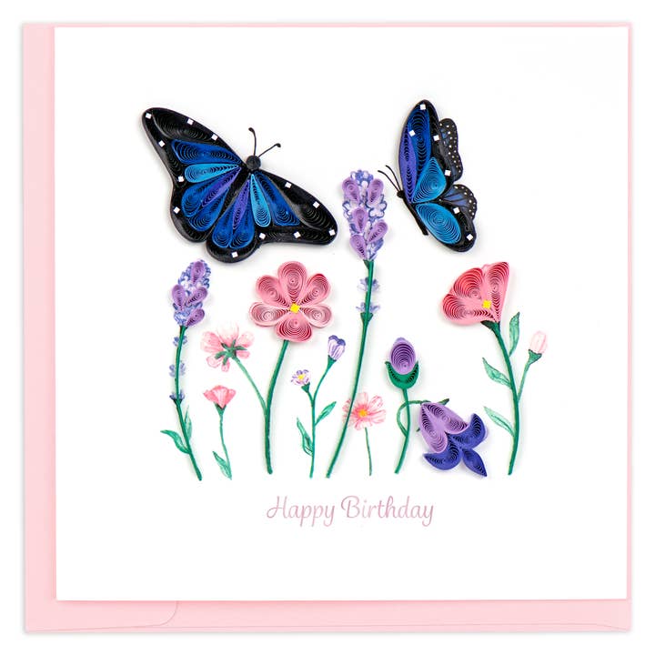 Quilling Card - Wholesale Birthday Card - Quilled Birthday Flowers & Blue Butterflies Greeting Card