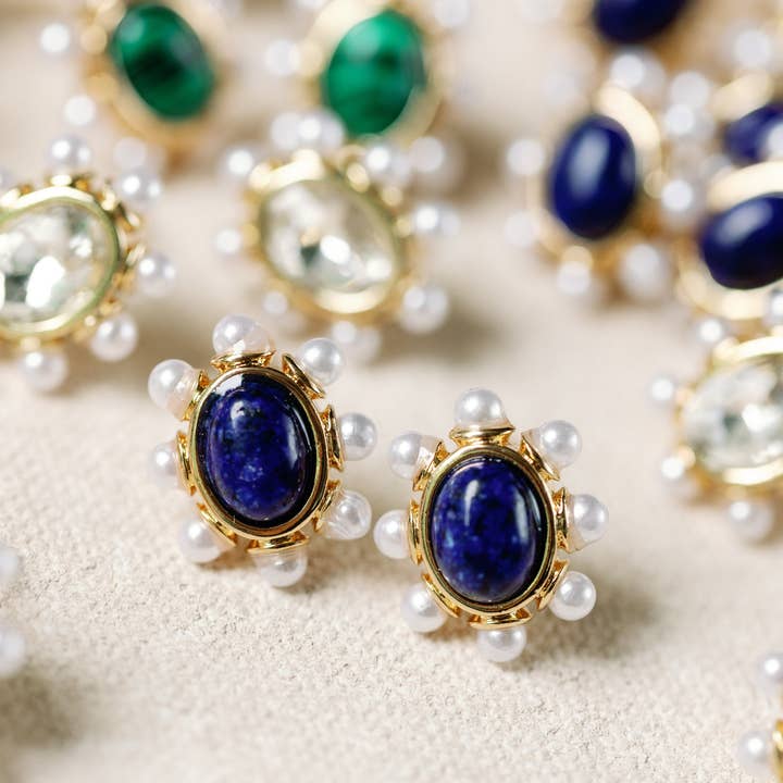 St Armands Designs of Sarasota - Wholesale Stud/Post Earrings - Blue Lapis and Pearl Oval Stud Earrings