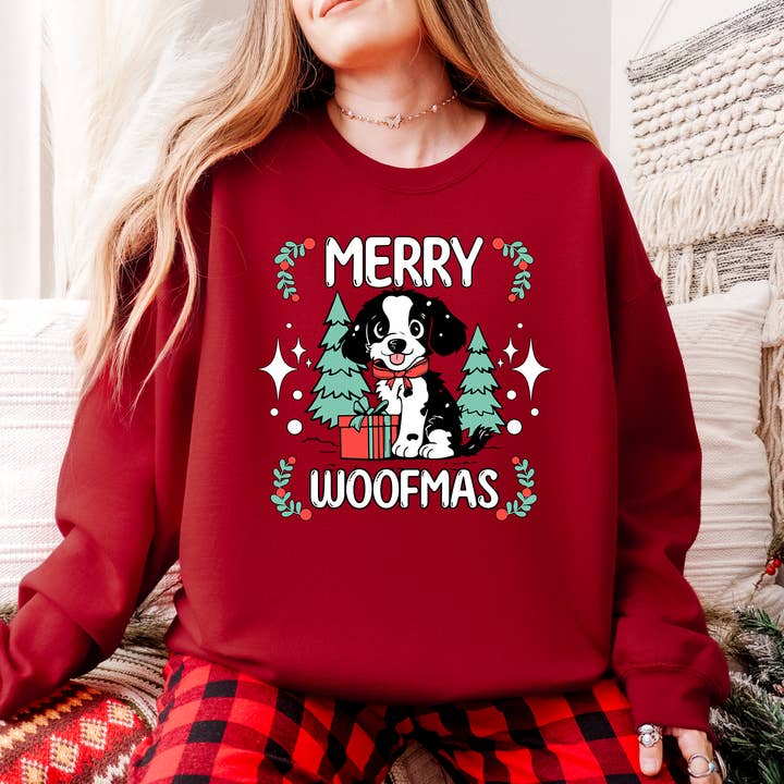 Merry Woofmas Dog Lover Christmas Sweatshirt for wholesale by Ruthless Threads