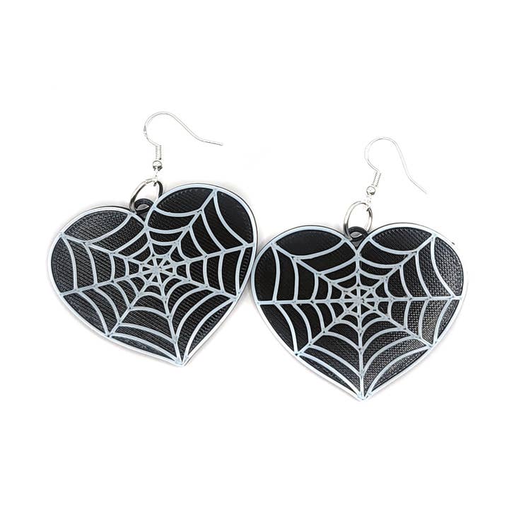 Black and White Spiderweb Heart Earrings 3D Printed for wholesale by Printy Vibes