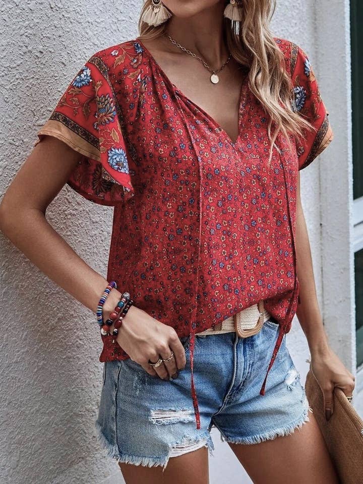 Rosa Clothing - Wholesale Blouse - Women's - Ethnic Print V-Neck Baggy Shirt