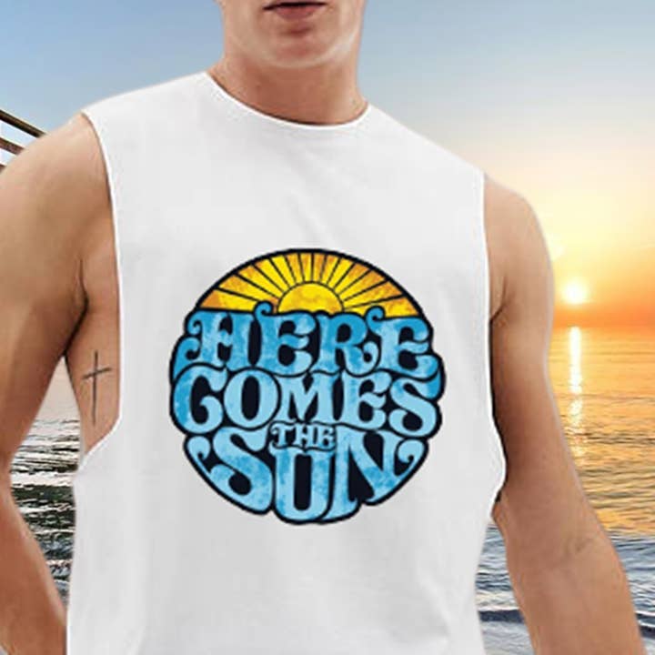 White Sun & Letter Print Men's Fashion Tank Top Aussie Singlet for wholesale on Faire