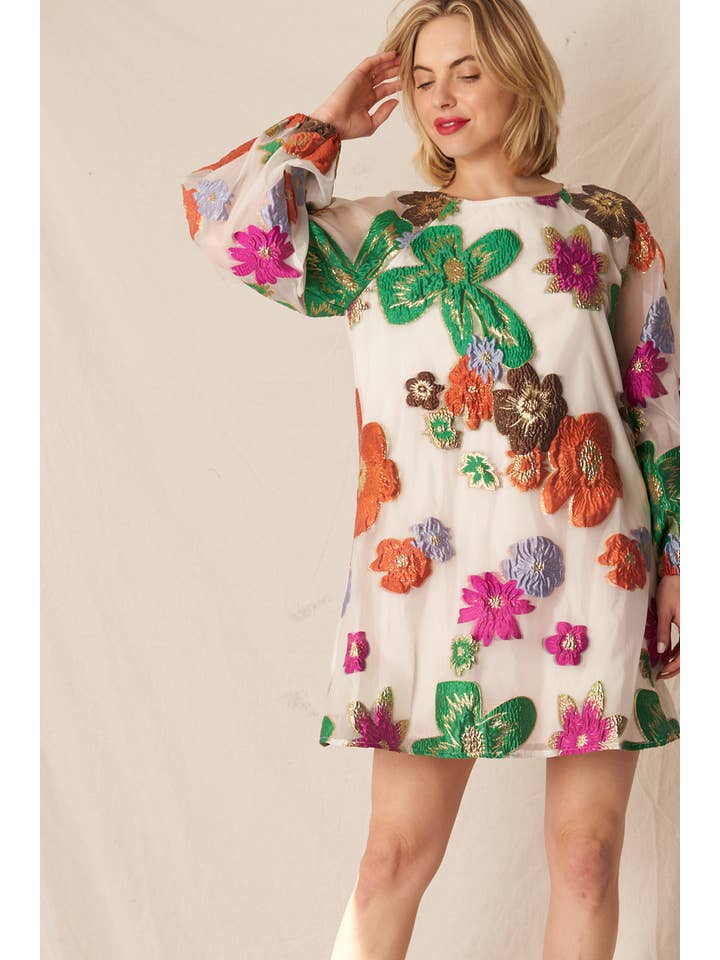 En Crème - Wholesale Dress - Women's - Bubble Sleeve Floral Organza Mini Dress2