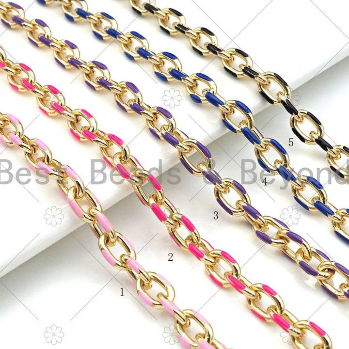 BestBeads&Beyond - Wholesale Link & Chain Necklace - High Quality Colorful Enamel Oval Link Chain by Yard, Gold Enamel Chunky Oval Link Chain, Enamel Statment Chain, 7x11mm, sku#M332