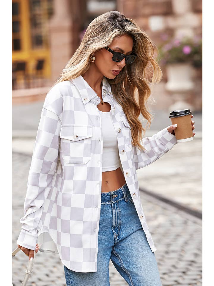 Little Daisy Closet - Wholesale Shirt Jacket/Shacket - Women's - LDC Checkerboard Flap Pocket Button Front Shacket2