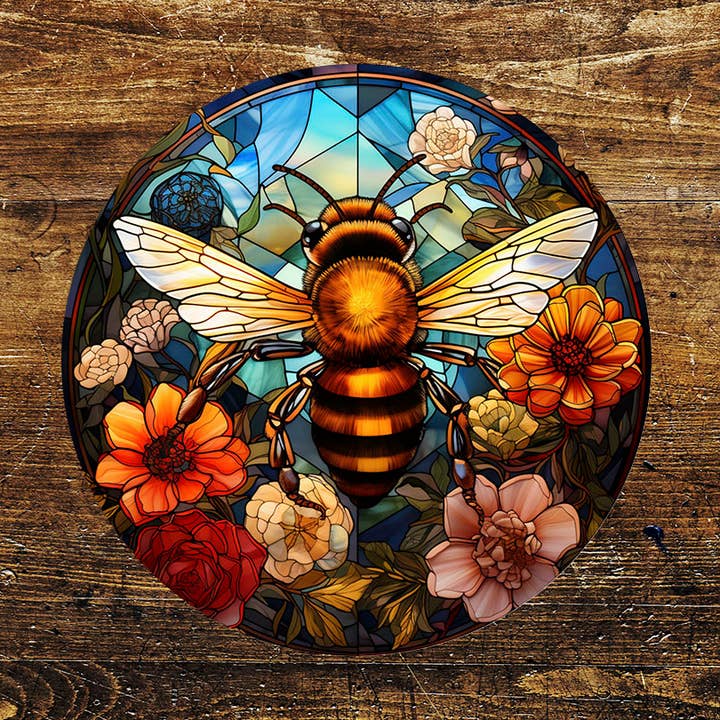 Bumble Bee Spring metalen cirkelbord met glas-in-lood effect voor wholesale door The British Metal Signs Company