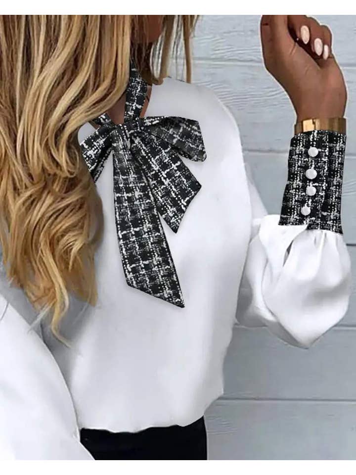 WHITE plaid print lantern sleeve tie neck top for wholesale on Faire