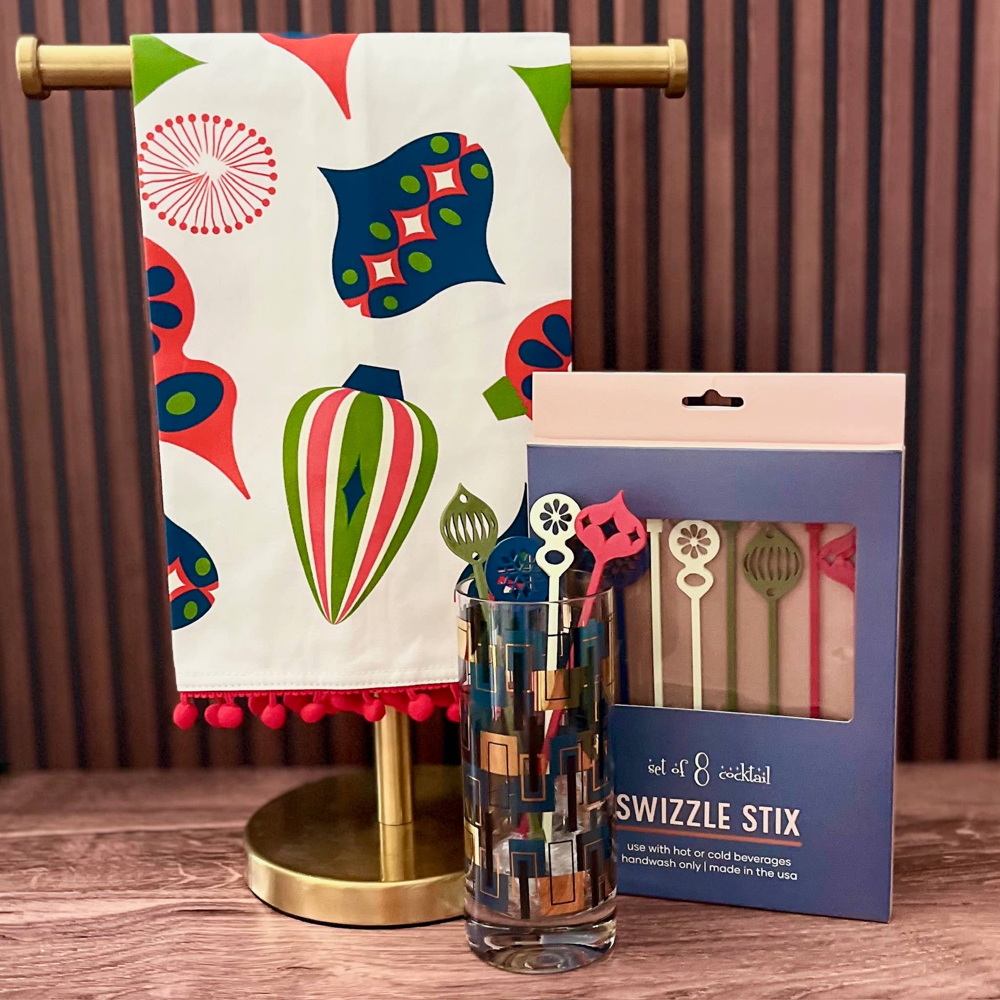 Mod Lounge Paper Company – wholesale Tea towel – Retro Ornaments Tea Towel with Trim4