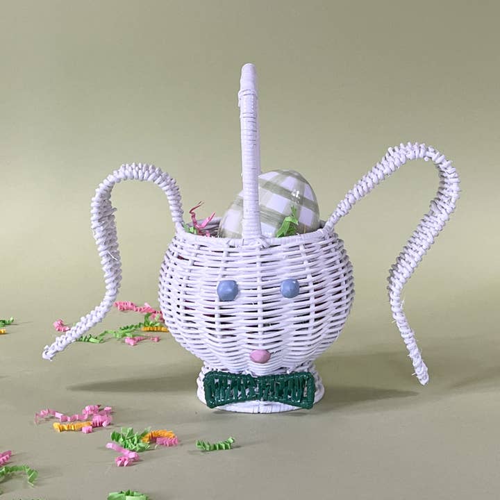 White Bunny Rattan Easter Basket for wholesale by Madcap Cottage