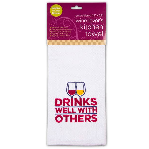 Drinks Well Embroidered Kitchen Towel for wholesale by Chris’s Stuff Inc.