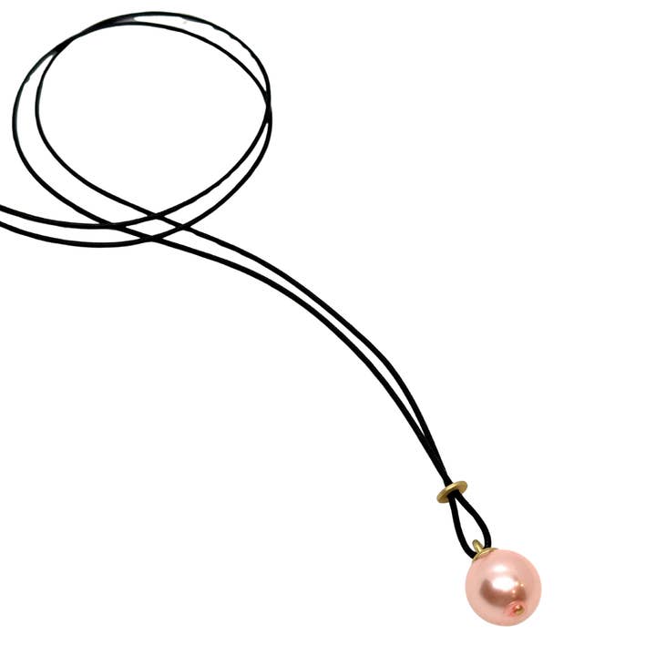 Long Black Linen Cord Criss-Cross Style Necklace With Large Pink Pearl Pendant for wholesale by Deborah Grivas Designs