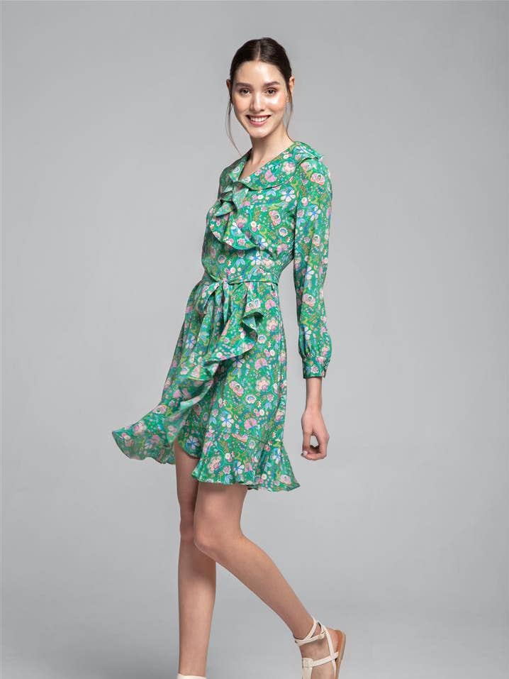 Abby silk wrap dress in green floral print for wholesale by RUMOUR LONDON